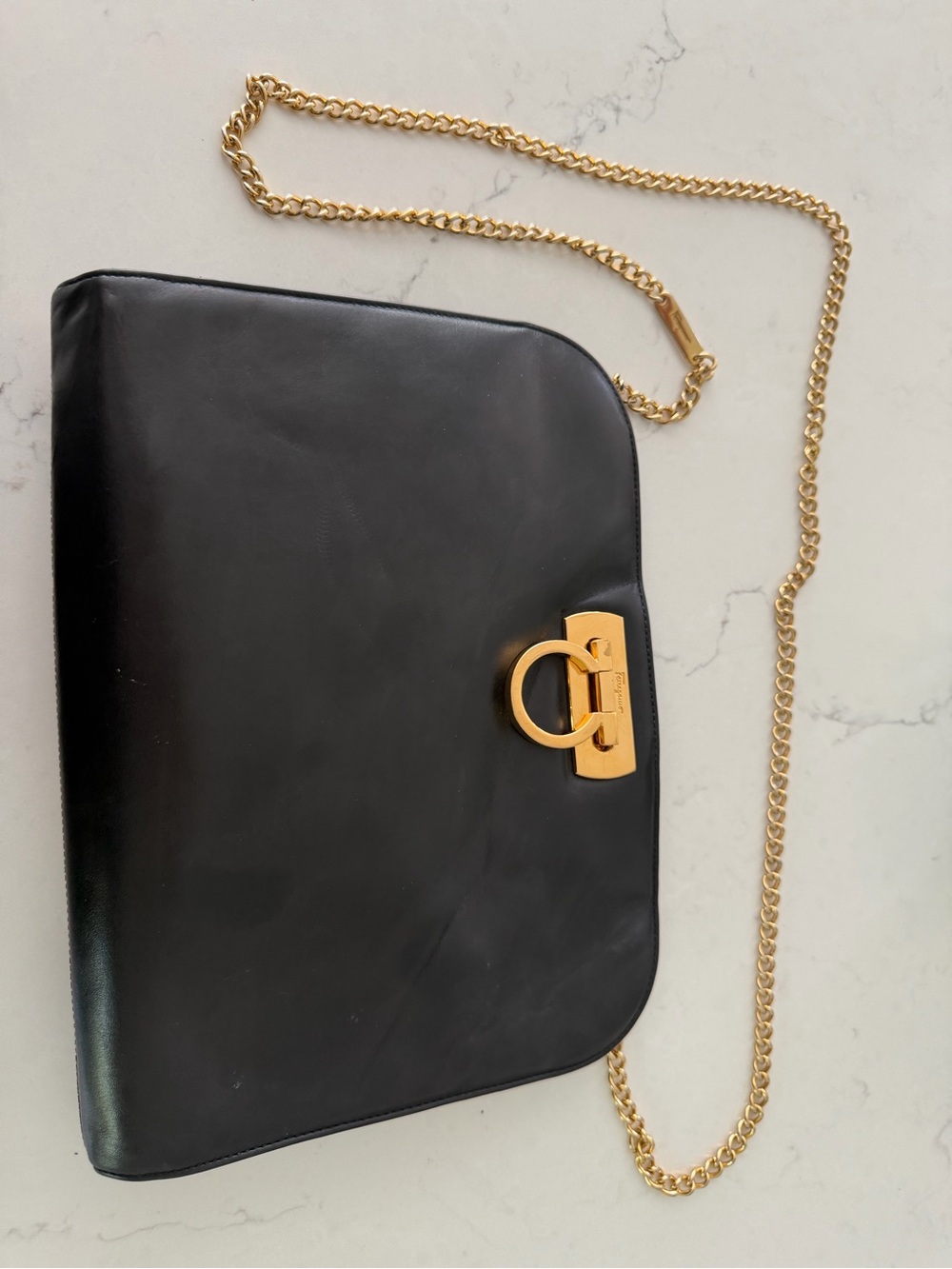 Salvatore Ferragamo Black Leather Crossbody with Gold Chain and Gancini Hardware